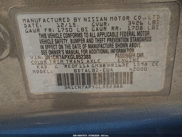 45547070 :رقم المزاد ، 3N1CN7APXGL852388 vin ، 2016 Nissan Versa 1.6 S/1.6 S+/1.6 Sl/1.6 Sv مزاد بيع