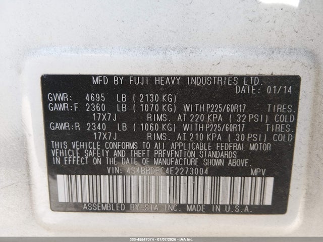Subaru Outback 3.6r Limited 2014 4S4BRDPC4E2273004 Image 9