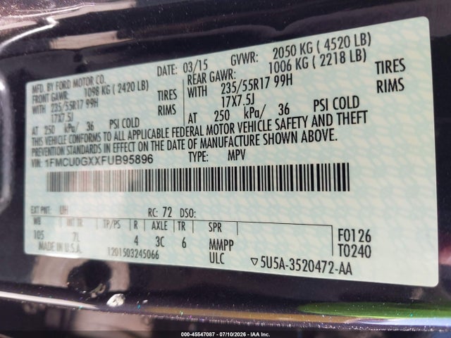 Ford ESCAPE SE 2015 1FMCU0GXXFUB95896 Image 9