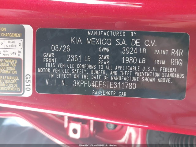 Продаж на аукціоні авто 2026 Kia K4 Ex, vin: 3KPFU4DE6TE311780, номер лоту: 45547100
