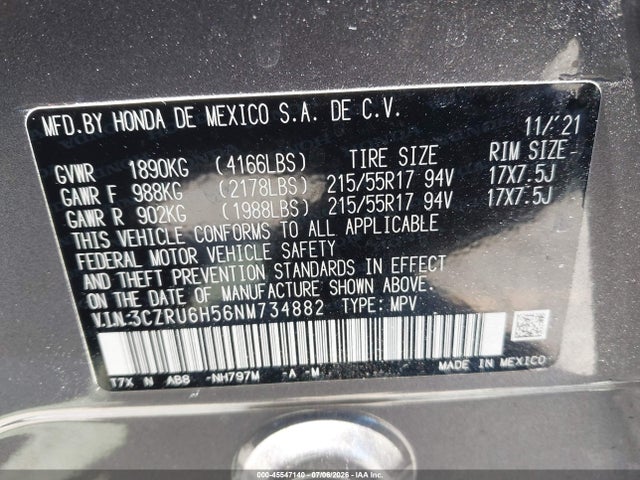 2022 Honda Hr-v Awd Ex მანქანა იყიდება აუქციონზე, vin: 3CZRU6H56NM734882, აუქციონის ნომერი: 45547140