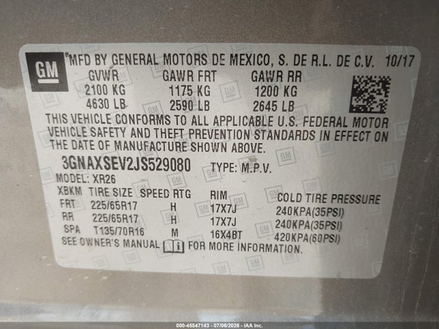 Aukcja sprzedaży 2018 Chevrolet Equinox Lt, vin: 3GNAXSEV2JS529080, numer aukcji: 45547143