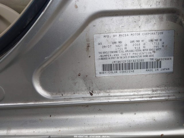 45547145 :رقم المزاد ، JM1BK12F381823280 vin ، 2008 Mazda Mazda3 I مزاد بيع