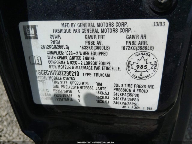 Aukcja sprzedaży 2003 Chevrolet Silverado 1500 Ls/lt, vin: 1GCEC19T03Z290210, numer aukcji: 45547147