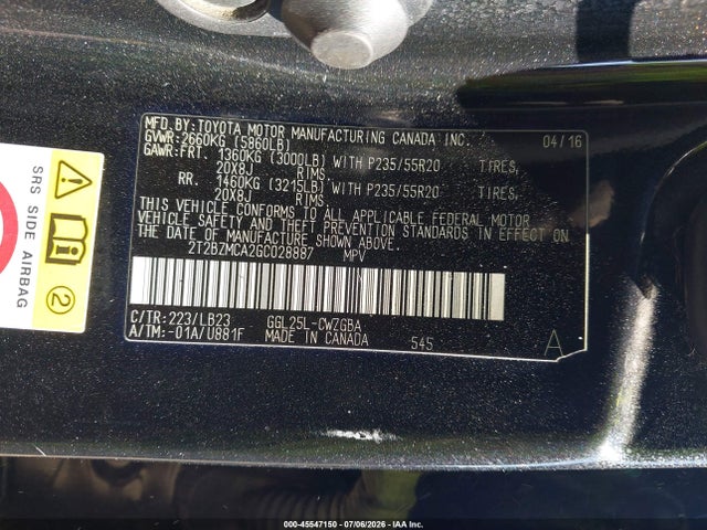 45547150 :رقم المزاد ، 2T2BZMCA2GC028887 vin ، 2016 Lexus Rx 350 مزاد بيع