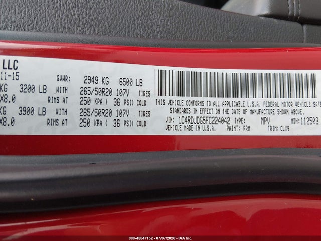 Aukcja sprzedaży 2015 Dodge Durango Limited, vin: 1C4RDJDG5FC224042, numer aukcji: 45547152