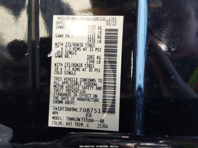 5N1BT3BB9NC708751 Nissan Rogue Sv Intelligent Awd