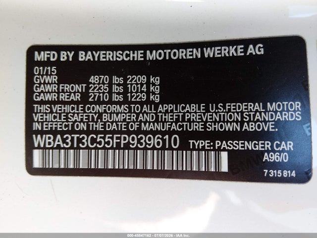 45547162 :رقم المزاد ، WBA3T3C55FP939610 vin ، 2015 Bmw 435i مزاد بيع