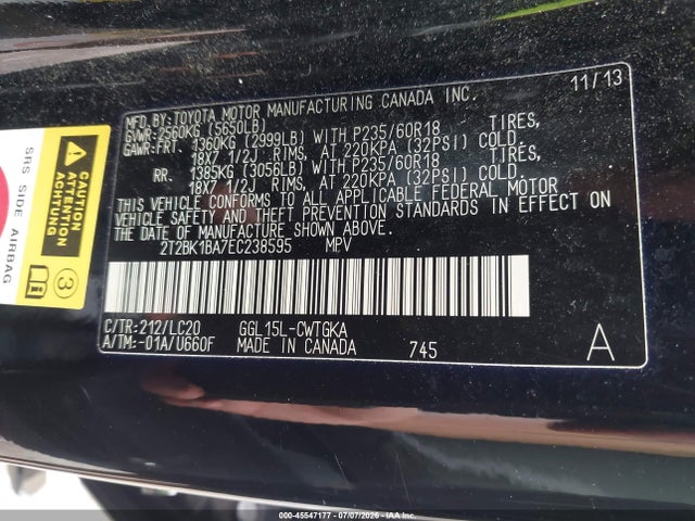 2014 Lexus Rx 350 მანქანა იყიდება აუქციონზე, vin: 2T2BK1BA7EC238595, აუქციონის ნომერი: 45547177