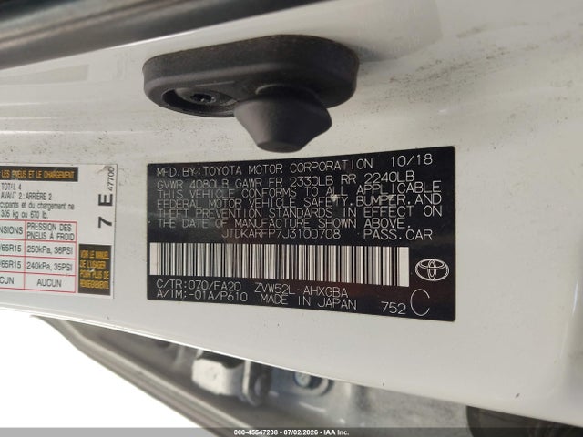 45547208 :رقم المزاد ، JTDKARFP7J3100708 vin ، 2018 Toyota Prius Prime Premium مزاد بيع