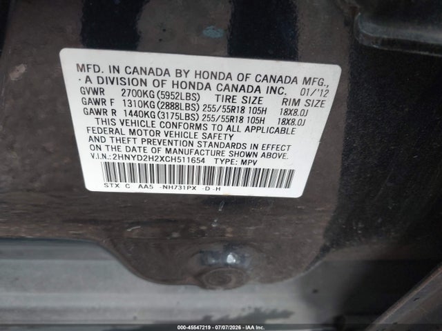 45547219 :رقم المزاد ، 2HNYD2H2XCH511654 vin ، 2012 Acura Mdx مزاد بيع