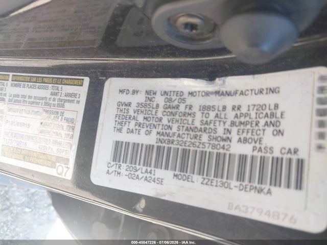 Aukcja sprzedaży 2006 Toyota Corolla Le, vin: 1NXBR32E26Z578042, numer aukcji: 45547226