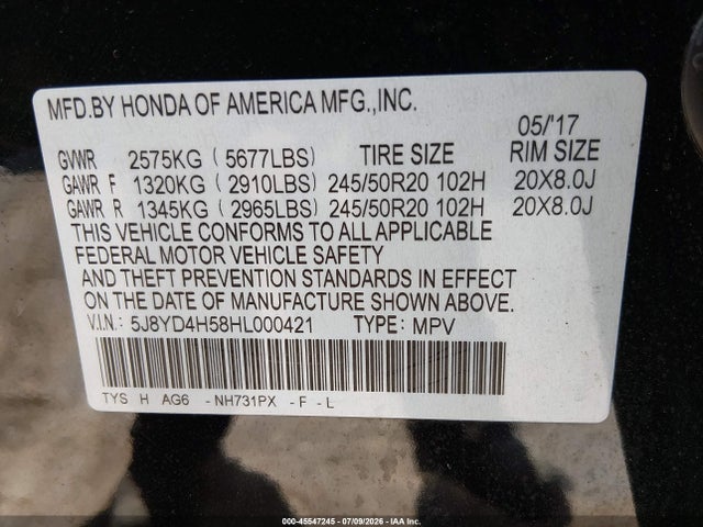 2017 Acura Mdx Technology Package მანქანა იყიდება აუქციონზე, vin: 5J8YD4H58HL000421, აუქციონის ნომერი: 45547245