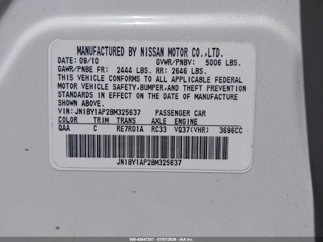 Продаж на аукціоні авто 2011 Infiniti M37, vin: JN1BY1AP2BM325637, номер лоту: 45547257