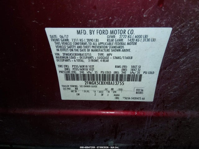 Ford FLEX SEL 2017 2FMGK5C8XHBA13755 Image 9