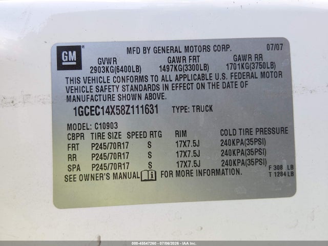 Продажа на аукционе авто 2008 Chevrolet Silverado 1500 Work Truck, vin: 1GCEC14X58Z111631, номер лота: 45547260