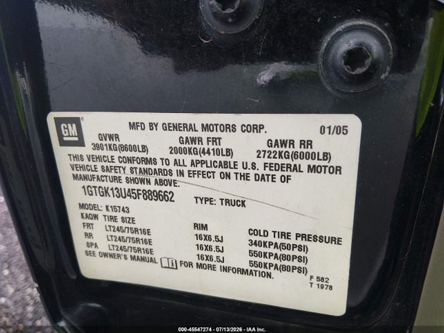 2005 Gmc Sierra 1500hd Slt მანქანა იყიდება აუქციონზე, vin: 1GTGK13U45F889662, აუქციონის ნომერი: 45547274