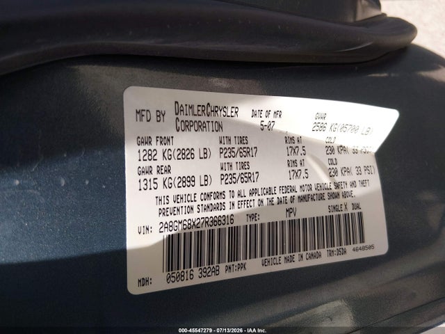 2007 Chrysler Pacifica Touring მანქანა იყიდება აუქციონზე, vin: 2A8GM68X27R366316, აუქციონის ნომერი: 45547279