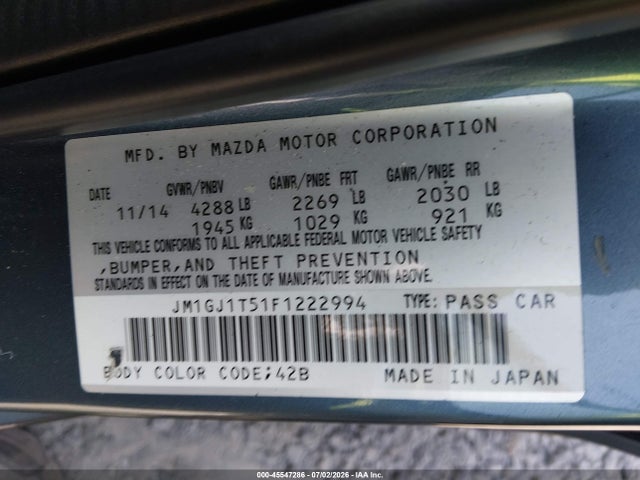 45547286 :رقم المزاد ، JM1GJ1T51F1222994 vin ، 2015 Mazda Mazda6 I Touring مزاد بيع