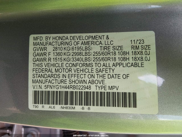 Honda Pilot Ex-l 2024 5FNYG1H44RB022948 Image 9