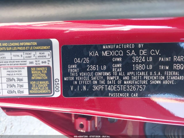 Aukcja sprzedaży 2026 Kia K4 Lxs, vin: 3KPFT4DE5TE326757, numer aukcji: 45547288