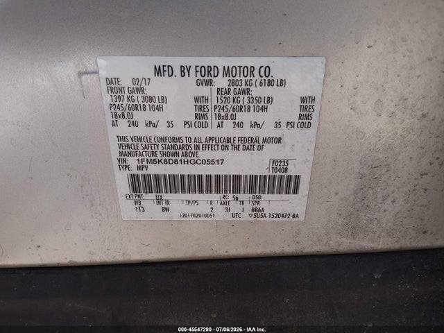 Ford EXPLORER XLT 2017 1FM5K8D81HGC05517 Image 9