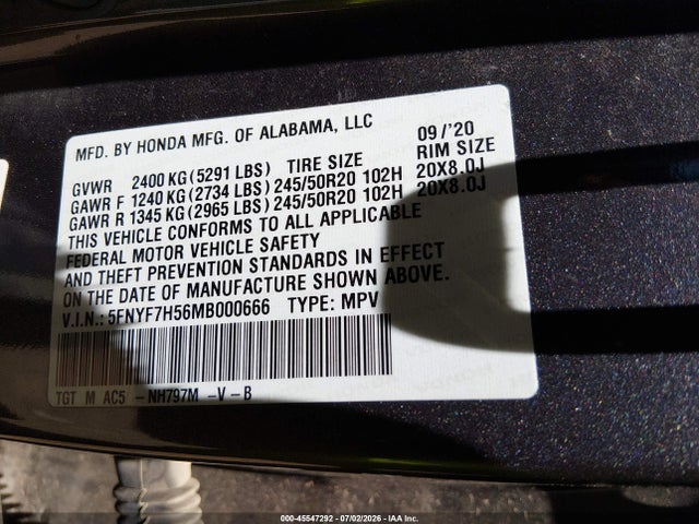 5FNYF7H56MB000666 Honda Passport 2wd Ex-l