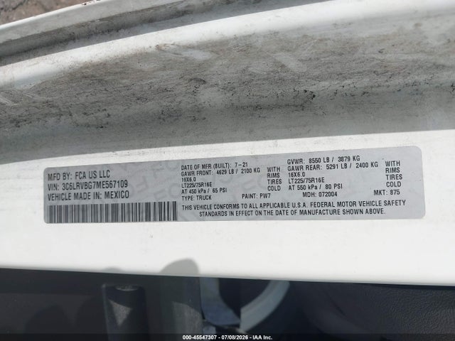 Продаж на аукціоні авто 2021 Ram Promaster 1500 High Roof 136 Wb, vin: 3C6LRVBG7ME567109, номер лоту: 45547307