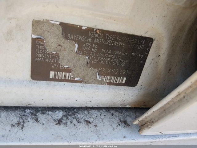 45547311 :رقم المزاد ، WBAVC73568KX92391 vin ، 2008 Bmw 328xi مزاد بيع