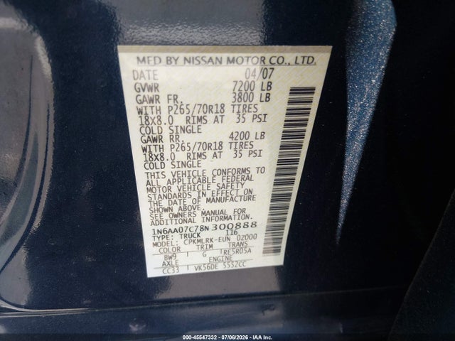 45547332 :رقم المزاد ، 1N6AA07C78N300888 vin ، 2008 Nissan Titan Xe مزاد بيع