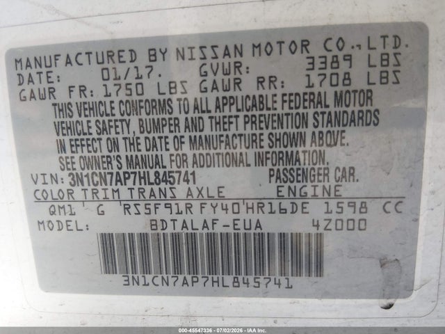 Nissan Versa 1.6 S 2017 3N1CN7AP7HL845741 Image 9