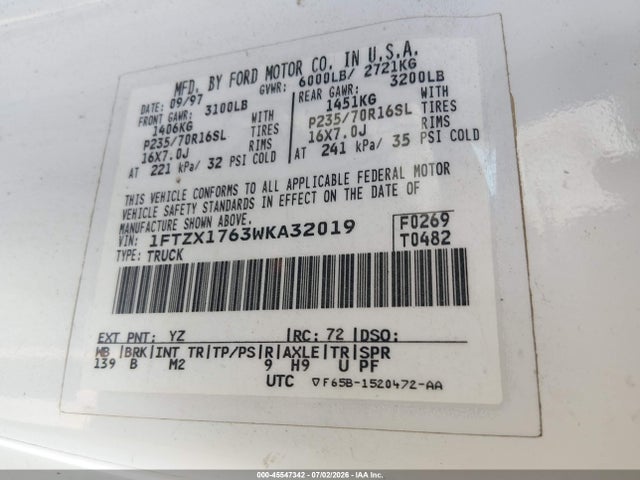 Aukcja sprzedaży 1998 Ford F-150 Lariat/standard/xl/xlt, vin: 1FTZX1763WKA32019, numer aukcji: 45547342