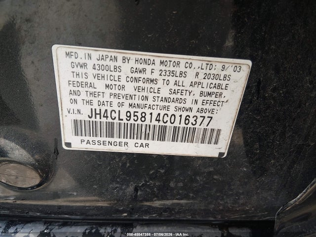 45547358 :رقم المزاد ، JH4CL95814C016377 vin ، 2004 Acura Tsx مزاد بيع