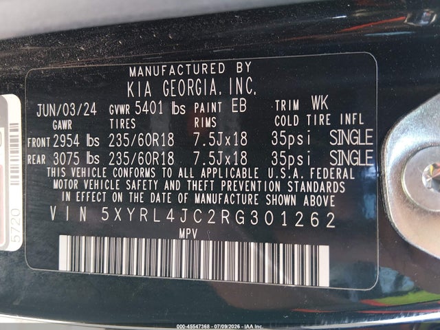 Aukcja sprzedaży 2024 Kia Sorento S, vin: 5XYRL4JC2RG301262, numer aukcji: 45547368