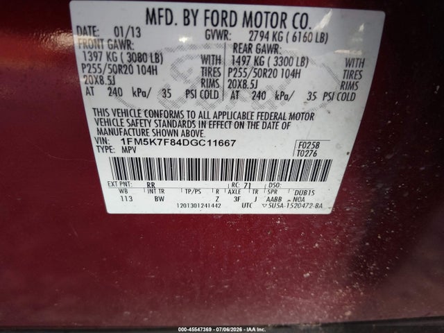 2013 Ford Explorer Limited მანქანა იყიდება აუქციონზე, vin: 1FM5K7F84DGC11667, აუქციონის ნომერი: 45547369