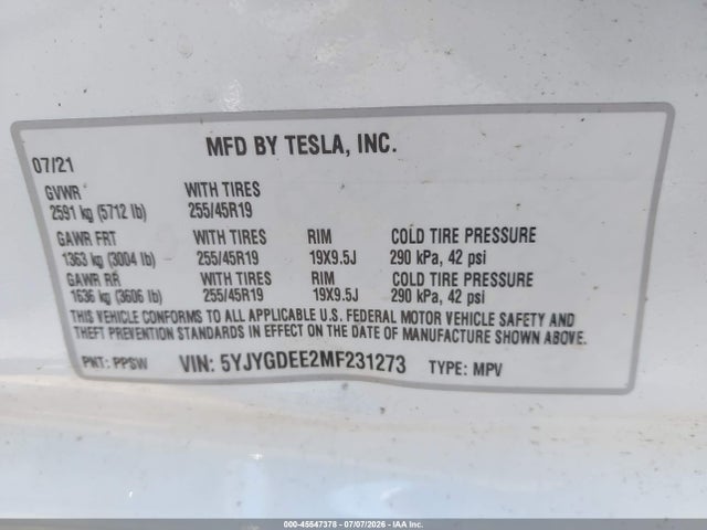 Aukcja sprzedaży 2021 Tesla Model Y Long Range Dual Motor All-wheel Drive, vin: 5YJYGDEE2MF231273, numer aukcji: 45547378