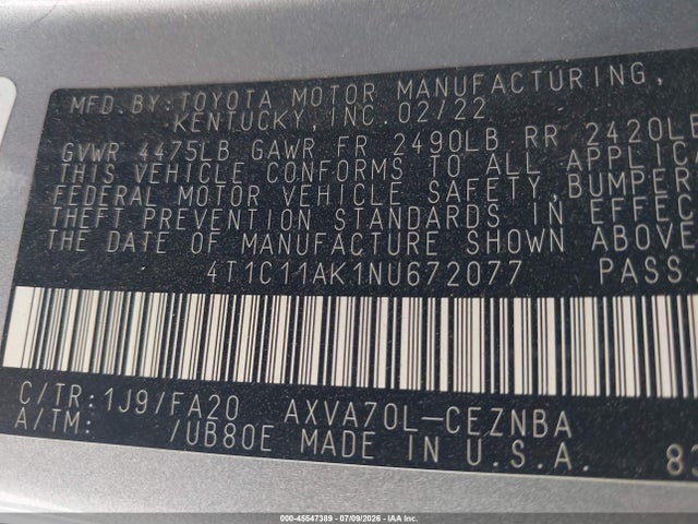 Toyota CAMRY LE 2022 4T1C11AK1NU672077 Image 9