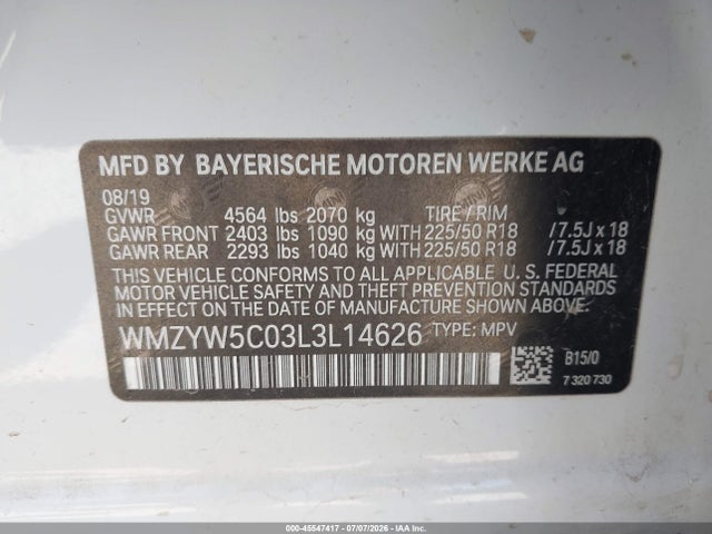 45547417 :رقم المزاد ، WMZYW5C03L3L14626 vin ، 2020 Mini Countryman Cooper مزاد بيع