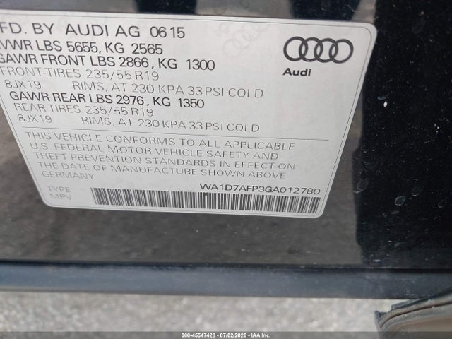 45547428 :رقم المزاد ، WA1D7AFP3GA012780 vin ، 2016 Audi Q5 3.0t Premium Plus مزاد بيع
