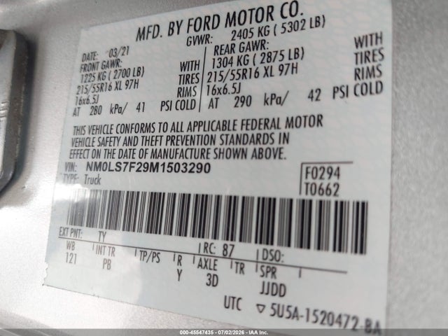 Aukcja sprzedaży 2021 Ford Transit Connect Xlt, vin: NM0LS7F29M1503290, numer aukcji: 45547435