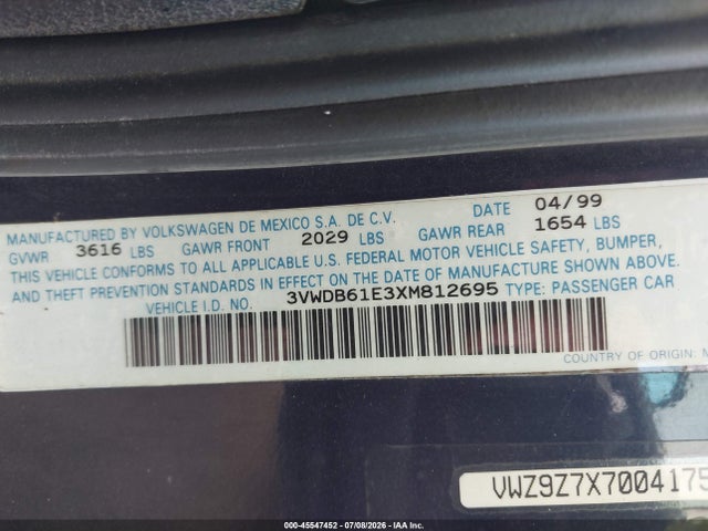 Продаж на аукціоні авто 1999 Volkswagen Cabrio Gls, vin: 3VWDB61E3XM812695, номер лоту: 45547452