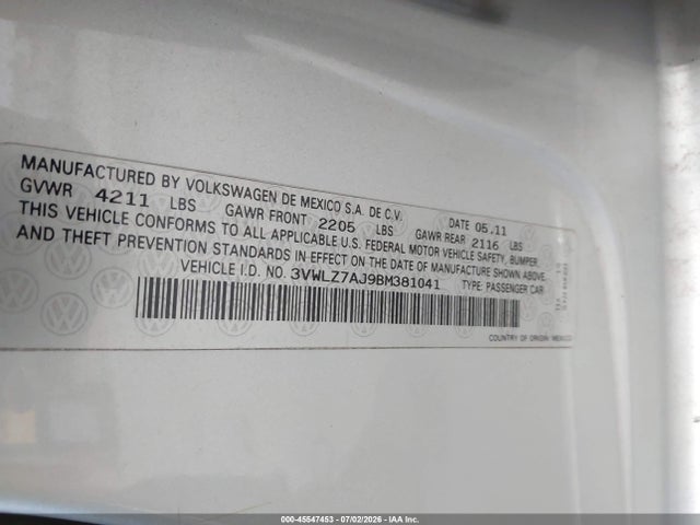 Продаж на аукціоні авто 2011 Volkswagen Jetta 2.5l Sel, vin: 3VWLZ7AJ9BM381041, номер лоту: 45547453
