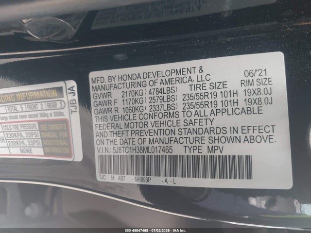 2021 Acura Rdx Standard მანქანა იყიდება აუქციონზე, vin: 5J8TC1H38ML017465, აუქციონის ნომერი: 45547468