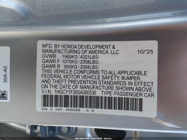 Honda ACCORD LX 2025 1HGCY1F26SA080536 Image 9