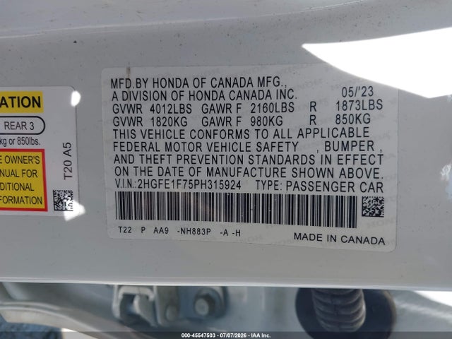 Honda Civic Ex/ex W/o Bsi 2023 2HGFE1F75PH315924 Image 9