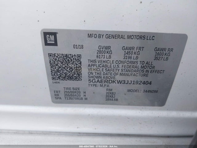 2018 Buick Enclave Avenir მანქანა იყიდება აუქციონზე, vin: 5GAERDKW3JJ192404, აუქციონის ნომერი: 45547560
