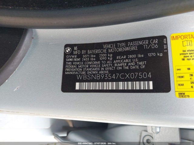 Продажа на аукционе авто 2007 Bmw M5, vin: WBSNB93547CX07504, номер лота: 45547563