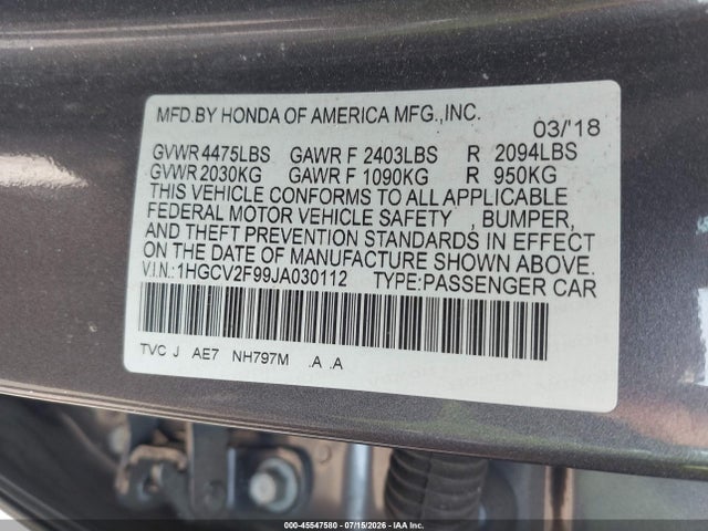 1HGCV2F99JA030112 Honda Accord Touring 2.0t