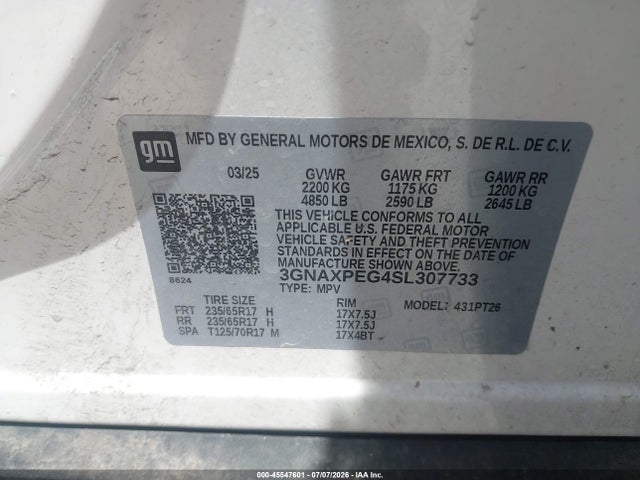 Aukcja sprzedaży 2025 Chevrolet Equinox Awd Lt, vin: 3GNAXPEG4SL307733, numer aukcji: 45547601