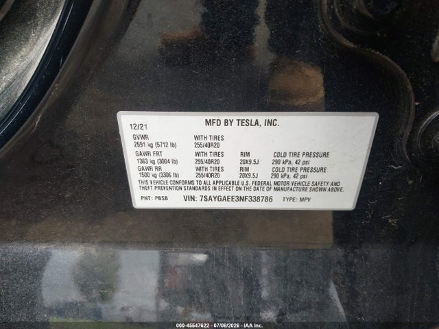 45547622 :رقم المزاد ، 7SAYGAEE3NF338786 vin ، 2022 Tesla Model Y Long Range Dual Motor All-wheel Drive مزاد بيع